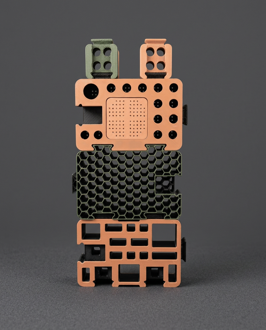 Stacked orange, green and black 3D-printed Custom D-Block prototypes showing multiple hole patterns and accessory connections