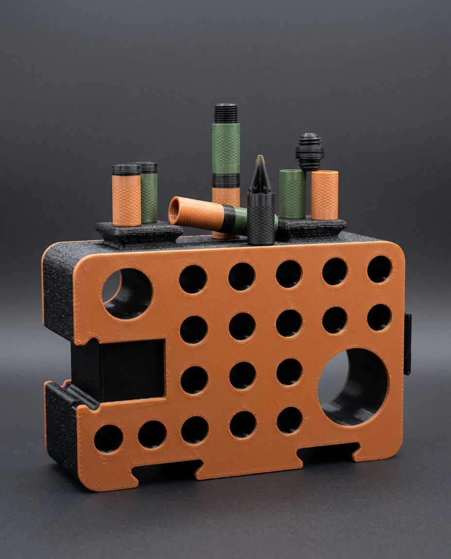 Close view of orange, green and black threaded D-Pod components on a D-Block