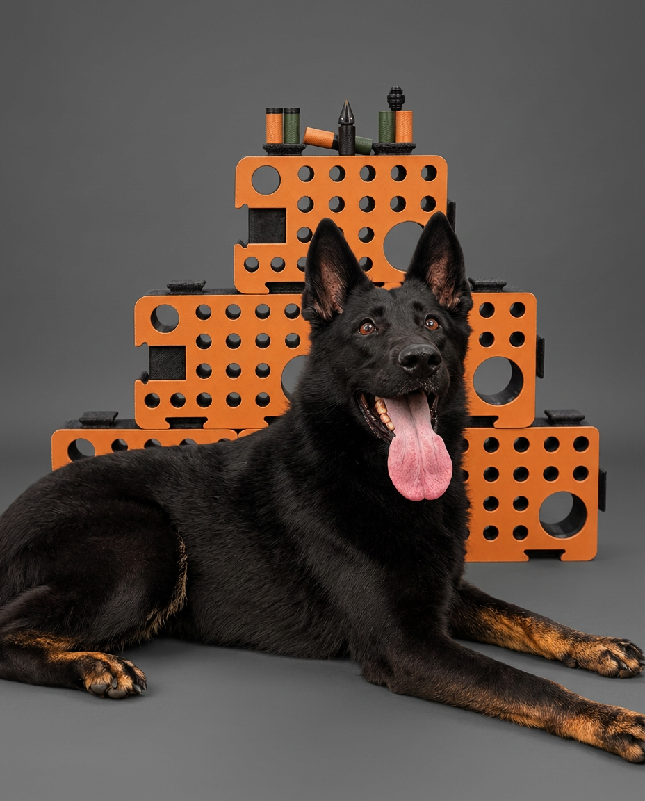 Black German Shepherd posed with orange D-Blocks and D-Pod components