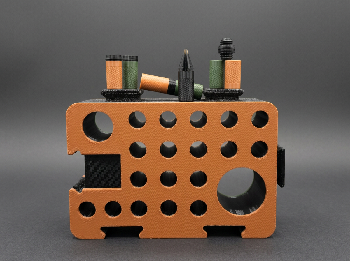D-Pod bodies, cap, spike and connectors arranged on an orange D-Block
