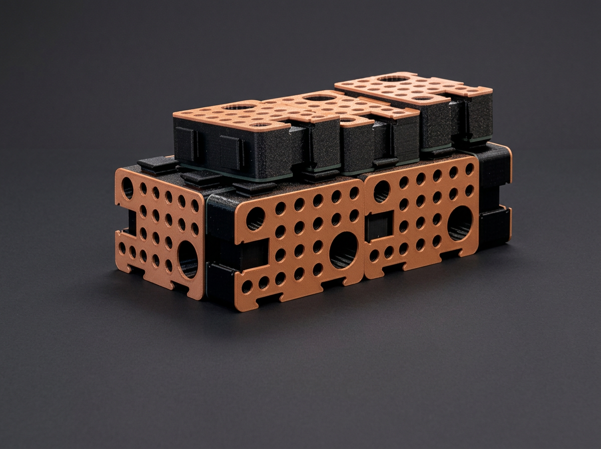 Tan and black Standard D-Blocks stacked two courses high, showing the perforated hole pattern on every face